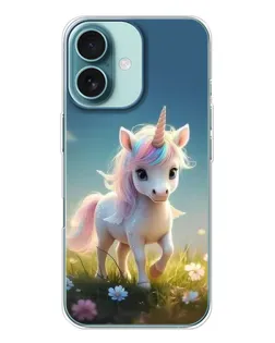 Чехол для iPhone 16 с картинкой «Единорог на поляне»