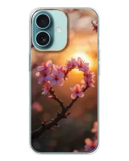 Чехол для iPhone 16 с картинкой «Розовый цвет сердце на фоне заката»