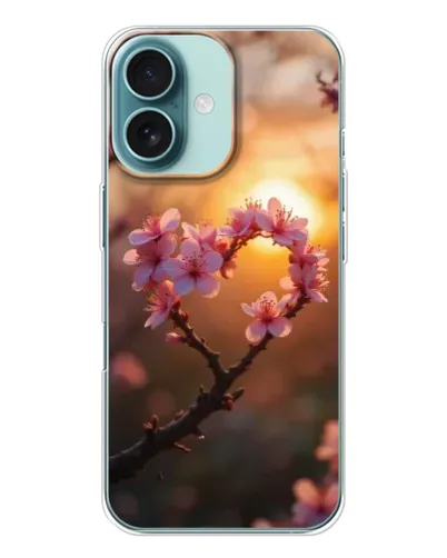 Чехол для iPhone 16 с картинкой «Розовый цвет сердце на фоне заката»