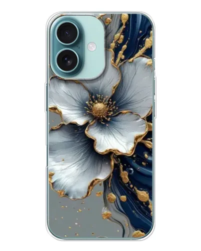 Чехол для iPhone 16 с картинкой «Белый цветок и золотой флюид» Чехол для iPhone 16 с картинкой «Белый цветок и золотой флюид»