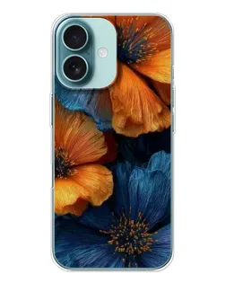Чехол для iPhone 16 с картинкой «Яркая сине-оранжевая флора»
