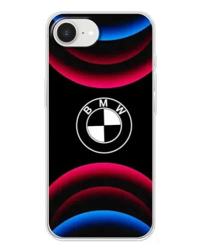 Чехол для iPhone 16e с картинкой «Логотип BMW и неоновые дуги»