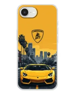 Чехол для iPhone 16e с картинкой «Желтый Lamborghini город»
