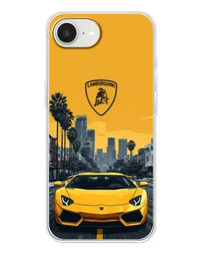 Чехол для iPhone 16e с картинкой «Желтый Lamborghini город»
