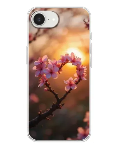 Чехол для iPhone 16e с картинкой «Розовый цвет сердце на фоне заката»