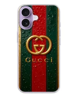 Чехол для iPhone 17 с картинкой «Gucci — фирменная полоса и золото»