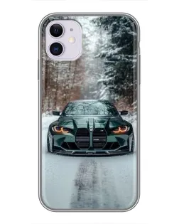 Чехол для iPhone 11 с картинкой «BMW в зимнем лесу»