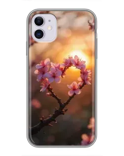 Чехол для iPhone 11 с картинкой «Розовый цвет сердце на фоне заката»