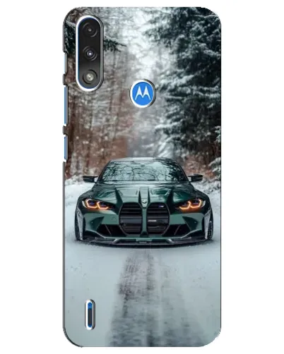 Чехол для Motorola E7 Power с картинкой «BMW в зимнем лесу»