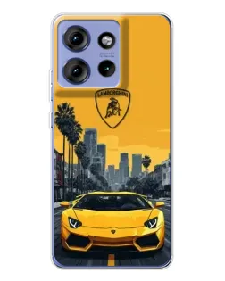 Чехол для Motorola Edge 50 с картинкой «Желтый Lamborghini город»