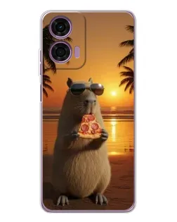 Чехол для Motorola Moto E14 с картинкой «Капибара с пиццей»
