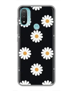 Чехол для Motorola MOTO E20 с картинкой «Ромашки на черном»