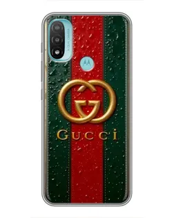 Чехол для Motorola MOTO E40 с картинкой «Gucci — фирменная полоса и золото»