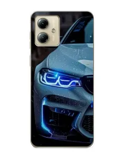 Чехол для Motorola MOTO G14 с картинкой «Взгляд BMW с синими фарами»