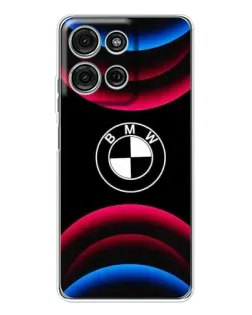 Чехол для Motorola Moto G15 с картинкой «Логотип BMW и неоновые дуги»