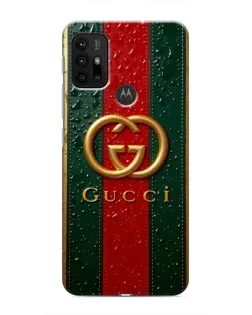 Чехол для Motorola MOTO G30 с картинкой «Gucci — фирменная полоса и золото»