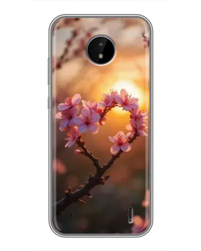 Чохол для Nokia C20 Plus з картинкою «Рожевий цвіт  сердечко на тлі заходу»