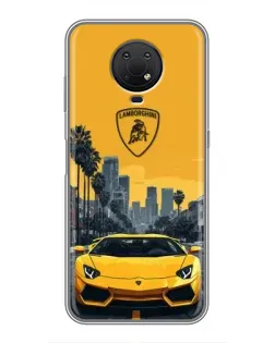 Чехол для Nokia G10 с картинкой «Желтый Lamborghini город»