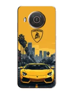 Чехол для Nokia X20 с картинкой «Желтый Lamborghini город»