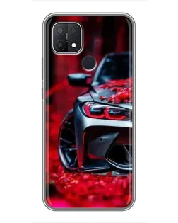 Чехол для OPPO A15 с картинкой «Спортивная BMW и цветы»