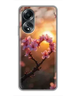 Чехол для OPPO A58 (4G) с картинкой «Розовый цвет сердце на фоне заката»