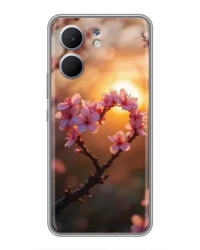 Чохол для OPPO A5x з картинкою «Рожевий цвіт  сердечко на тлі заходу»