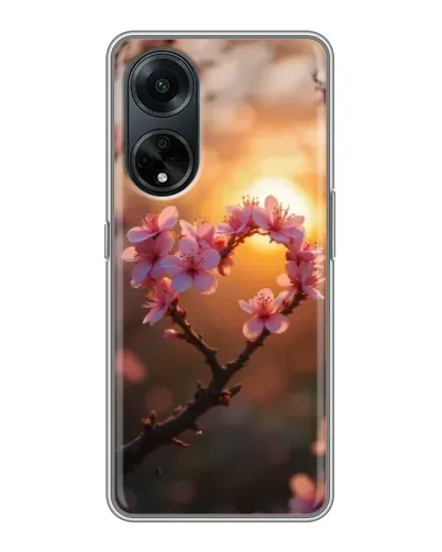 Чохол для OPPO A98 з картинкою «Рожевий цвіт  сердечко на тлі заходу»