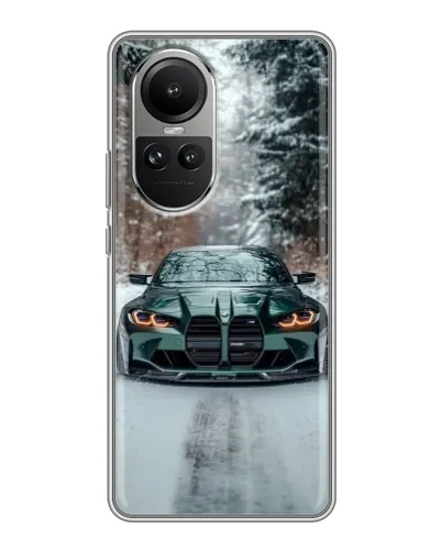 Чехол для OPPO Reno 10 с картинкой «BMW в зимнем лесу»