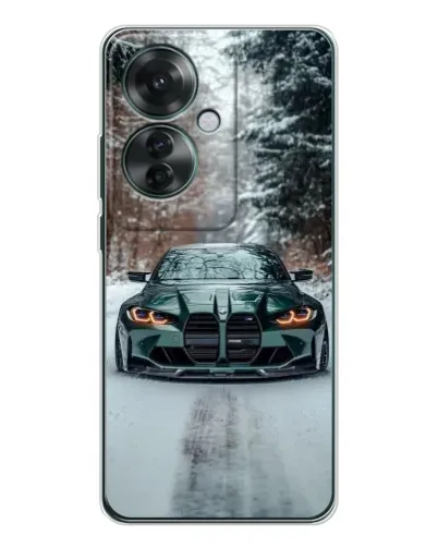 Чехол для OPPO Reno 11F с картинкой «BMW в зимнем лесу»