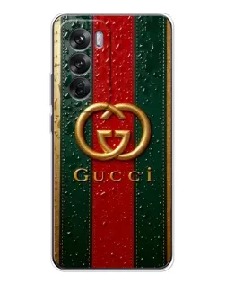 Чехол для OPPO Reno 12 с картинкой «Gucci — фирменная полоса и золото»