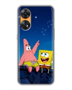 Чехол для OPPO Reno 8T с картинкой «Губка Боб и Патрик ночью»
