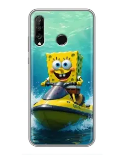 Чехол для Huawei P30 Lite / Nova 4e с картинкой «Спанч Боб на гидроцикле»