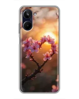 Чохол для Realme 10 з картинкою «Рожевий цвіт  сердечко на тлі заходу»