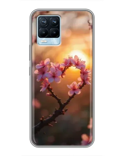 Чохол для Realme 8 з картинкою «Рожевий цвіт  сердечко на тлі заходу»