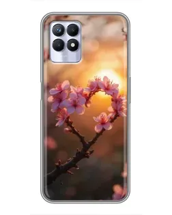 Чехол для Realme 8i с картинкой «Розовый цвет сердце на фоне заката»