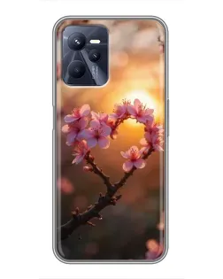 Чехол для Realme C35 с картинкой «Розовый цвет сердце на фоне заката»