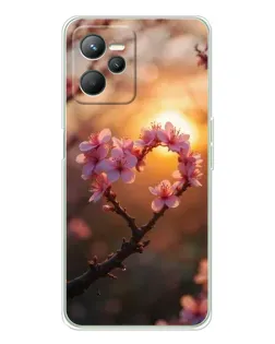 Чехол для Realme C36 с картинкой «Розовый цвет сердце на фоне заката»