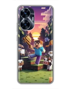 Чехол для Realme C55 с картинкой «Стив на ферме»