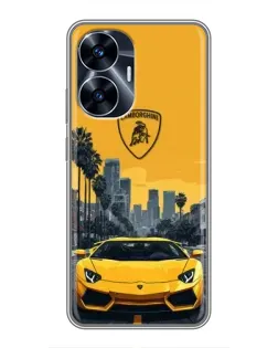 Чехол для Realme C55 с картинкой «Желтый Lamborghini город»