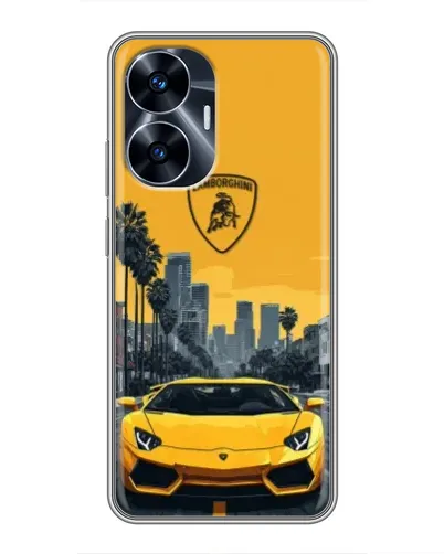 Чехол для Realme C55 с картинкой «Желтый Lamborghini город»
