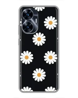 Чехол для Realme C55 с картинкой «Ромашки на черном»
