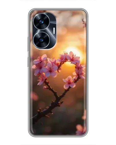 Чехол для Realme C55 с картинкой «Розовый цвет сердце на фоне заката»