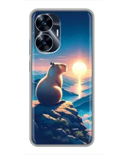 Чехол для Realme C55 с картинкой «Закат солнца с капибарой»