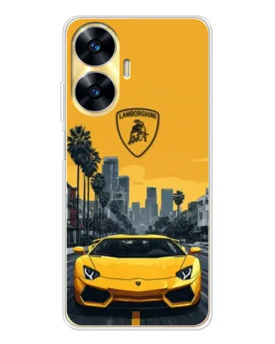 Чехол для Realme C56 с картинкой «Желтый Lamborghini город»