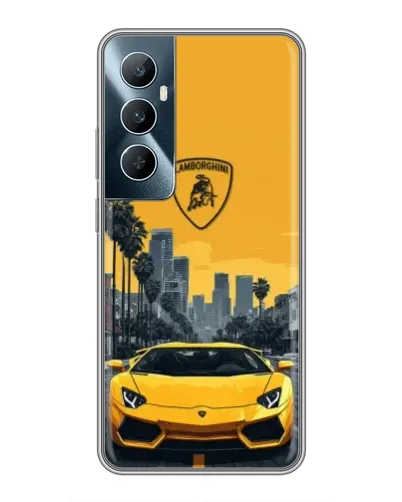 Чехол для Realme C65 с картинкой «Желтый Lamborghini город»