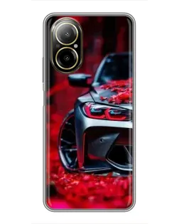 Чехол для Realme C67 с картинкой «Спортивная BMW и цветы»