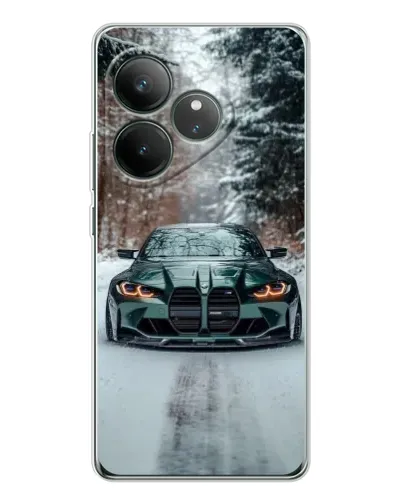 Чехол для Realme GT Neo 7 с картинкой «BMW в зимнем лесу»