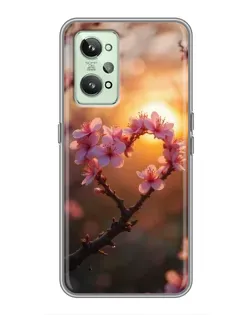Чехол для Realme GT2 с картинкой «Розовый цвет сердце на фоне заката»