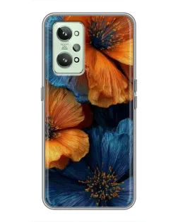 Чехол для Realme GT2 с картинкой «Яркая сине-оранжевая флора»