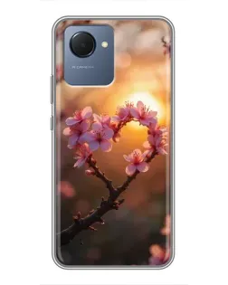 Чехол для Realme NARZO 50i Prime с картинкой «Розовый цвет сердце на фоне заката»